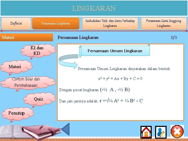 LINGKARAN Definisi Persamaan Lingkaran KI dan KD Materi Persamaan Garis Singgung Lingkaran 3/3 Persamaan