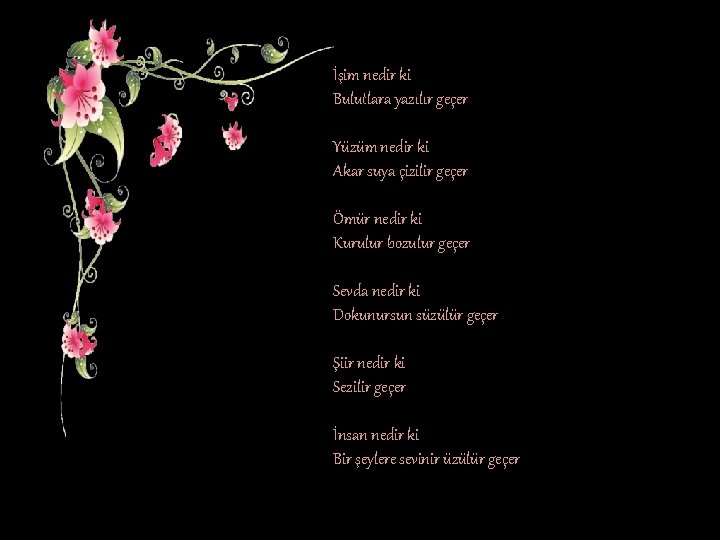İşim nedir ki Bulutlara yazılır geçer Her şey şiirdir, uğultusu rüzgarın Bir ırmağa usulcacık