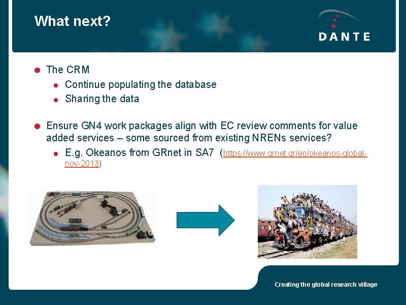 What next? The CRM Continue populating the database Sharing the data Ensure GN 4