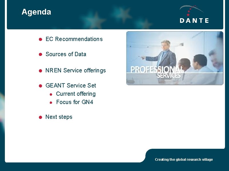 Agenda EC Recommendations Sources of Data NREN Service offerings GEANT Service Set Current offering