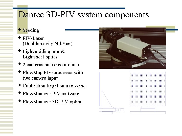 Dantec 3 D-PIV system components w Seeding w PIV-Laser (Double-cavity Nd: Yag) w Light