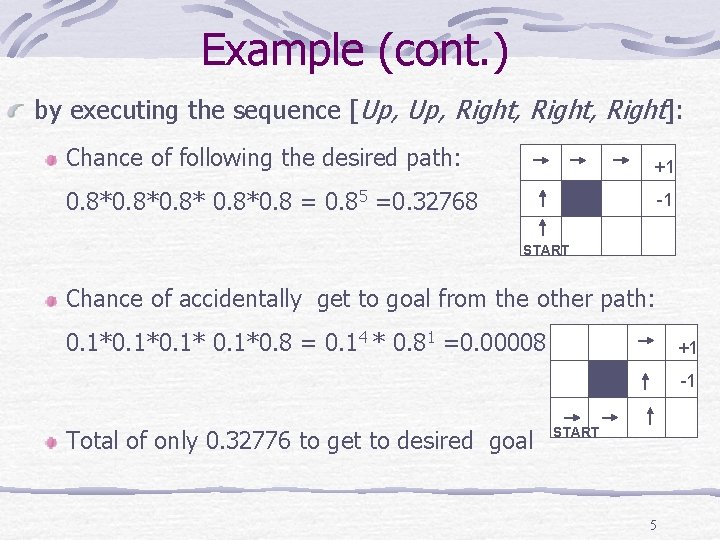 Example (cont. ) by executing the sequence [Up, Right, Right]: Chance of following the