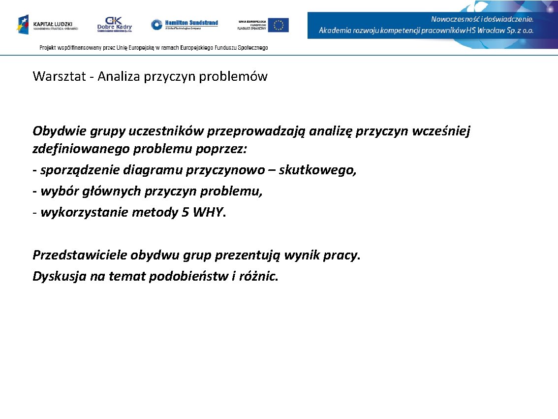 Warsztat - Analiza przyczyn problemów Obydwie grupy uczestników przeprowadzają analizę przyczyn wcześniej zdefiniowanego problemu