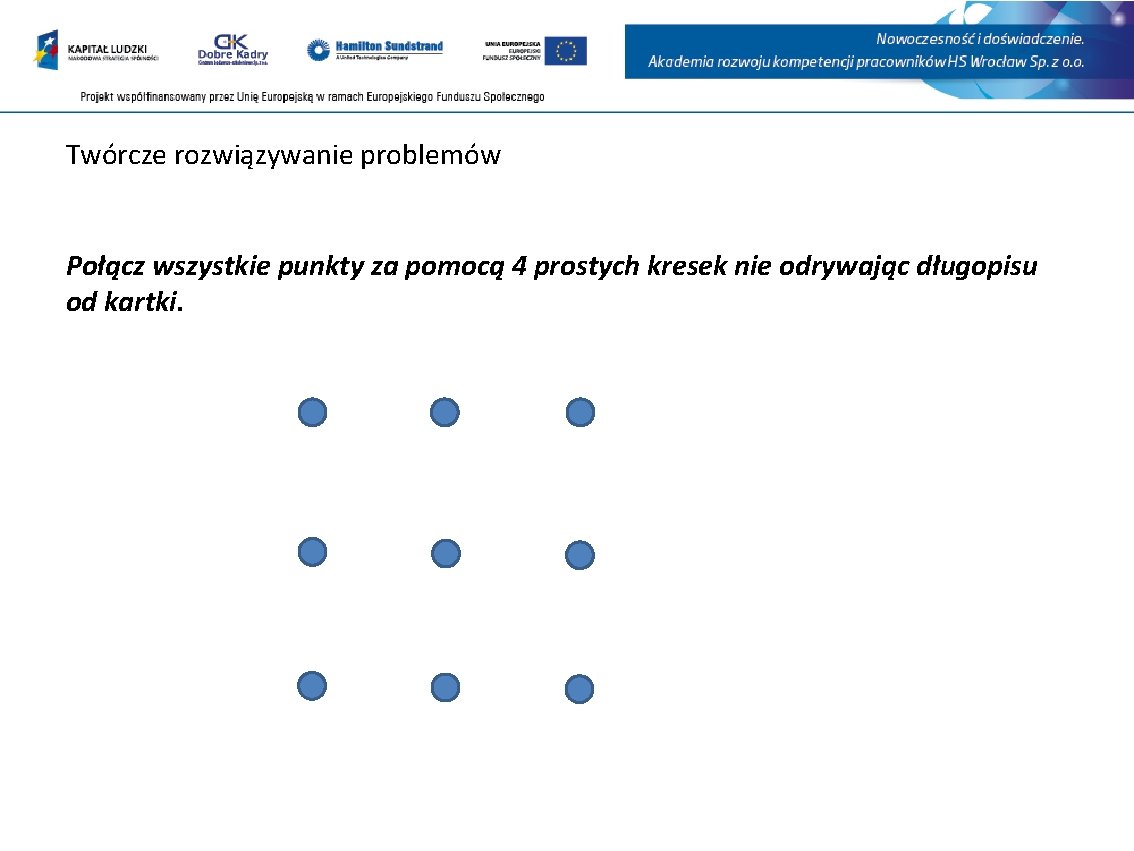 Twórcze rozwiązywanie problemów Połącz wszystkie punkty za pomocą 4 prostych kresek nie odrywając długopisu