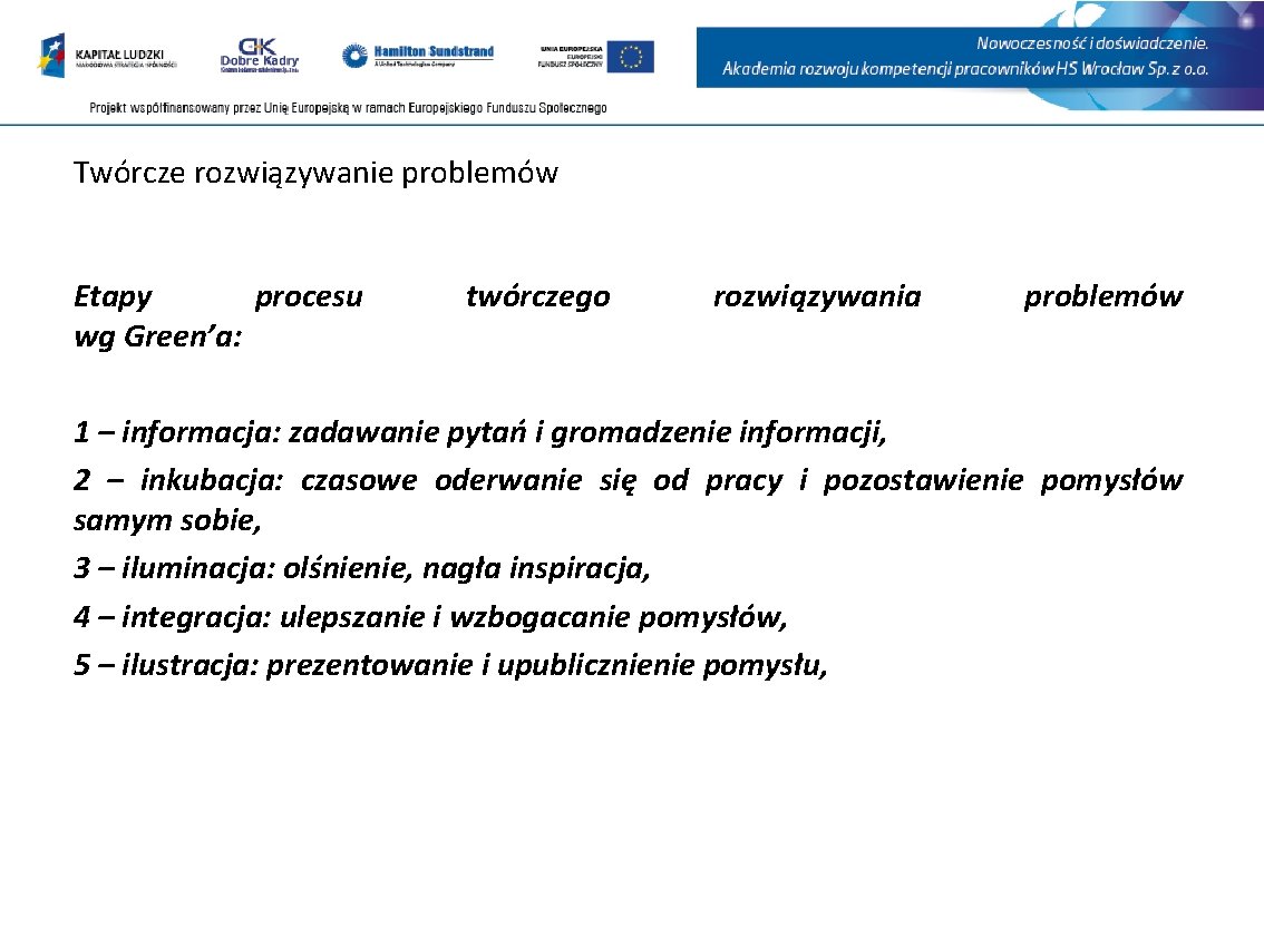 Twórcze rozwiązywanie problemów Etapy procesu wg Green’a: twórczego rozwiązywania problemów 1 – informacja: zadawanie