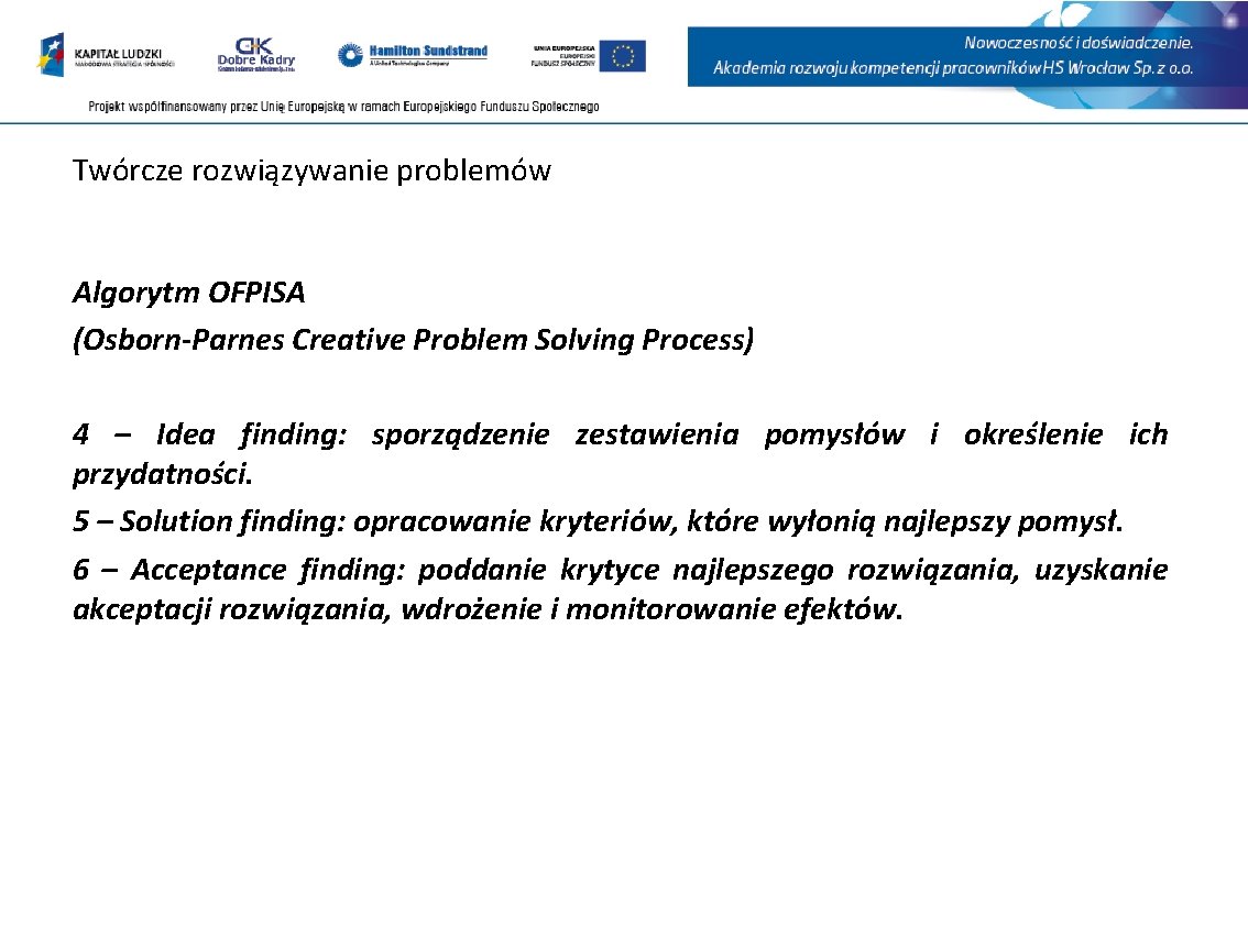 Twórcze rozwiązywanie problemów Algorytm OFPISA (Osborn-Parnes Creative Problem Solving Process) 4 – Idea finding: