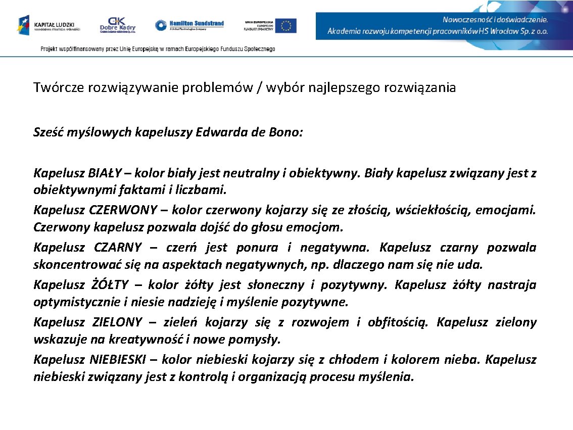 Twórcze rozwiązywanie problemów / wybór najlepszego rozwiązania Sześć myślowych kapeluszy Edwarda de Bono: Kapelusz