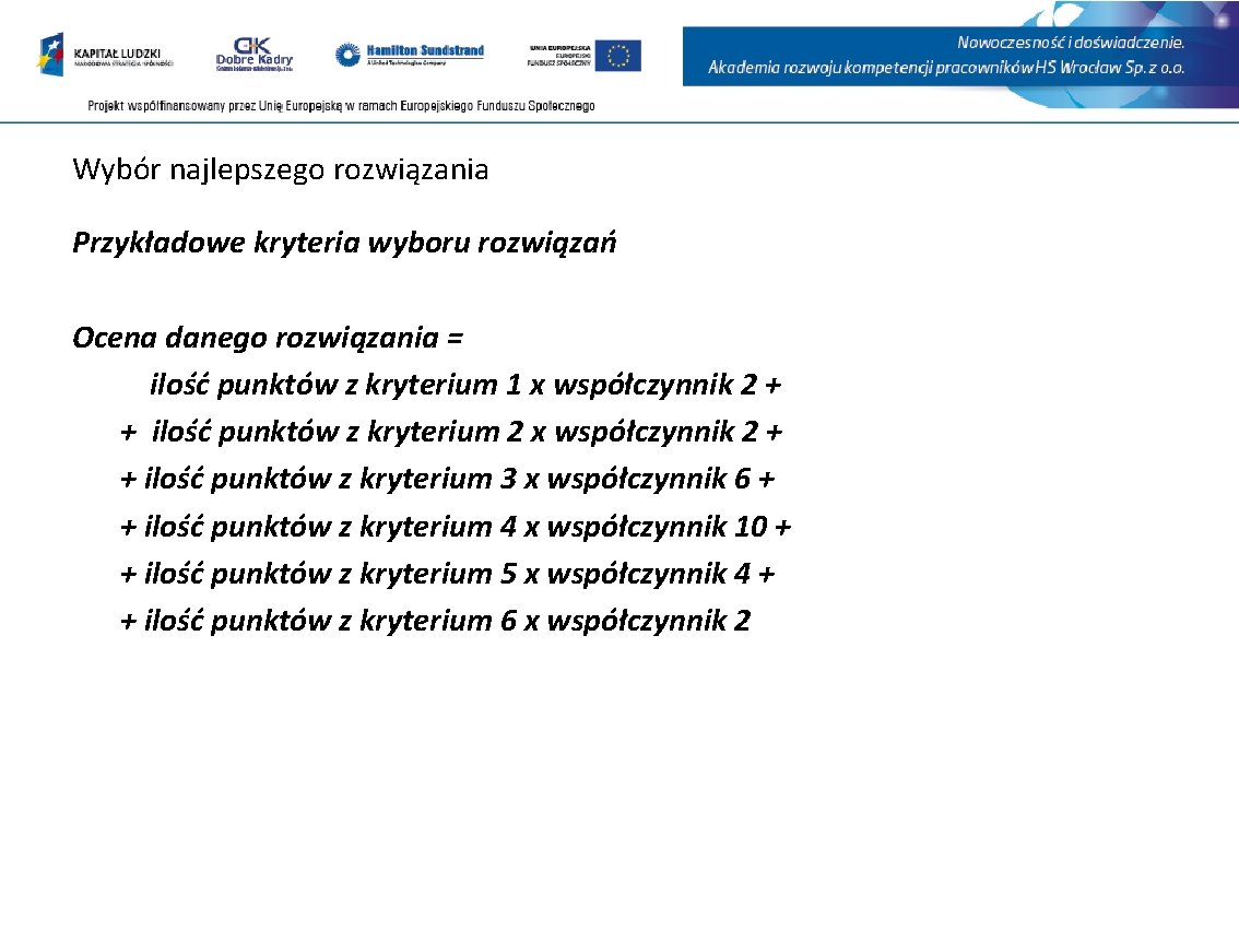 Wybór najlepszego rozwiązania Przykładowe kryteria wyboru rozwiązań Ocena danego rozwiązania = ilość punktów z