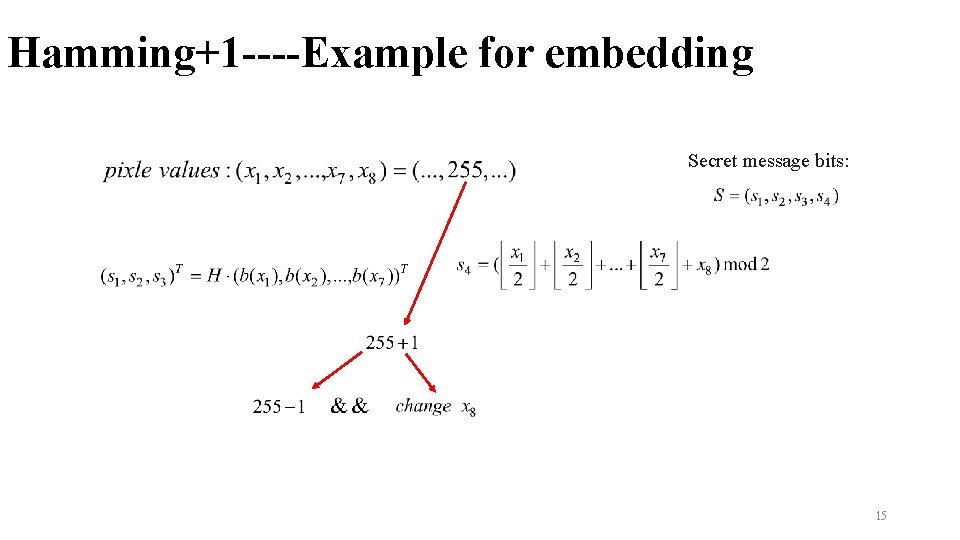 Hamming+1 ----Example for embedding Secret message bits: 15 