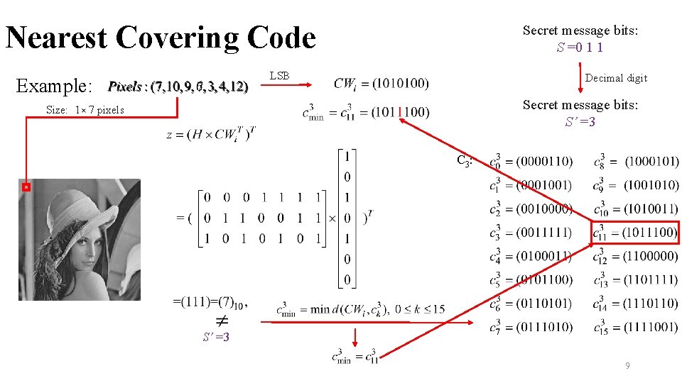 Nearest Covering Code Secret message bits: S =0 1 1 LSB Example: Decimal digit