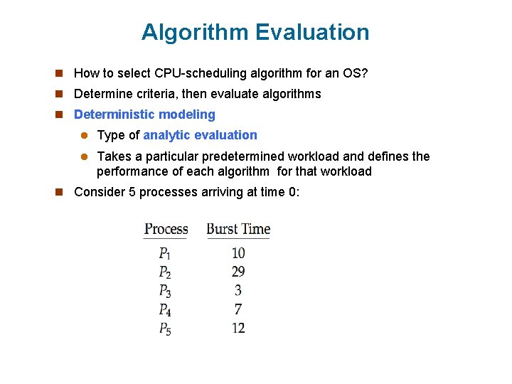 Algorithm Evaluation n How to select CPU-scheduling algorithm for an OS? n Determine criteria,