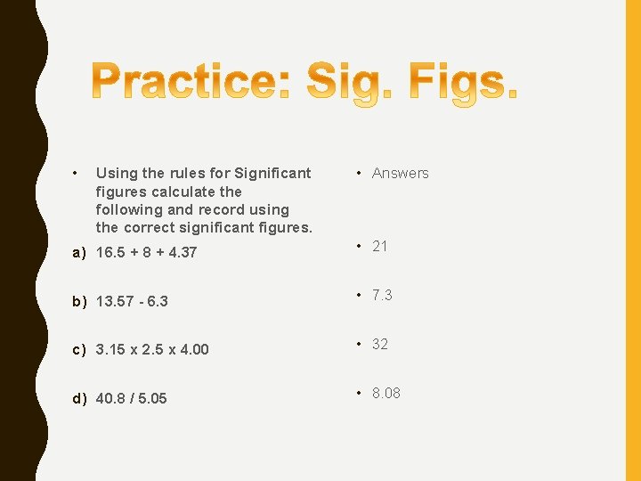  • Using the rules for Significant figures calculate the following and record using
