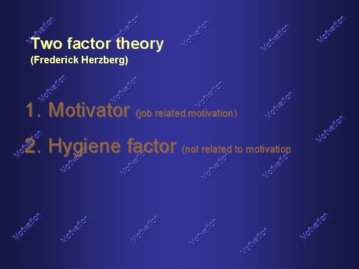 Two factor theory (Frederick Herzberg) 1. Motivator (job related motivation) 2. Hygiene factor (not