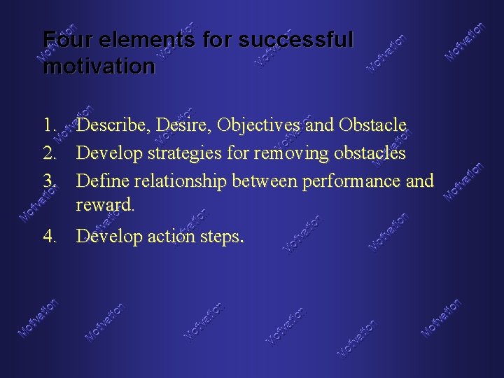 Four elements for successful motivation 1. 2. 3. Describe, Desire, Objectives and Obstacle Develop