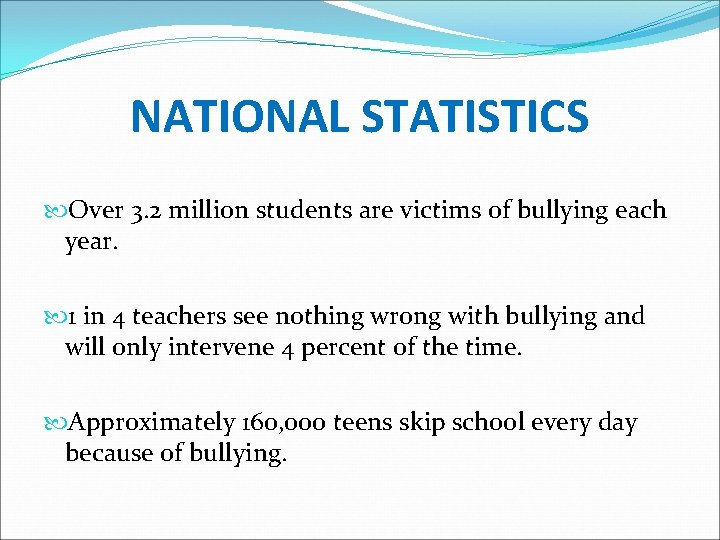 NATIONAL STATISTICS Over 3. 2 million students are victims of bullying each year. 1