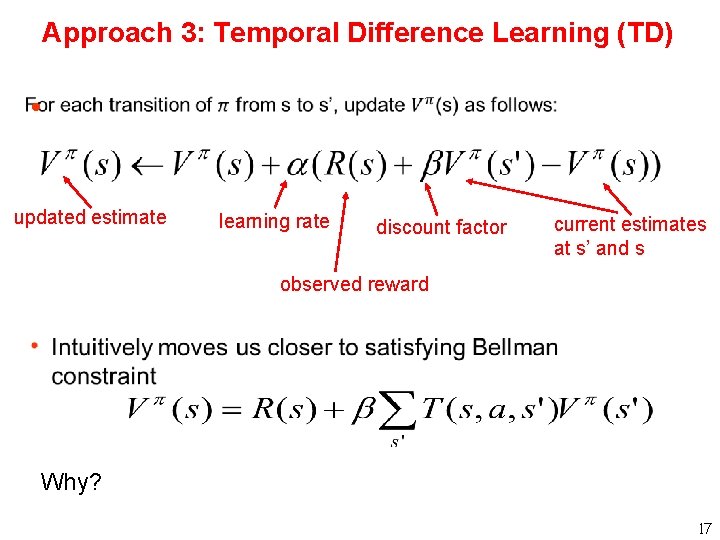 Approach 3: Temporal Difference Learning (TD) h updated estimate learning rate discount factor current