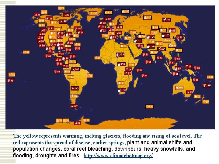The yellow represents warming, melting glaciers, flooding and rising of sea level. The red