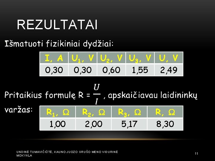 REZULTATAI • I, A 0, 30 R 1 , 1, 00 U 1, V