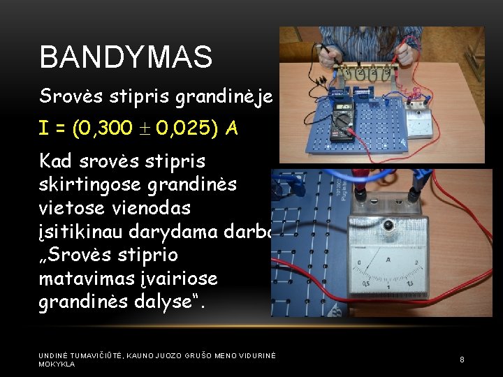 BANDYMAS Srovės stipris grandinėje I = (0, 300 0, 025) A Kad srovės stipris