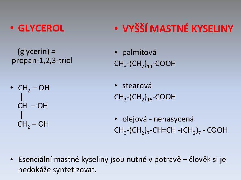  • GLYCEROL • VYŠŠÍ MASTNÉ KYSELINY (glycerín) = propan-1, 2, 3 -triol •