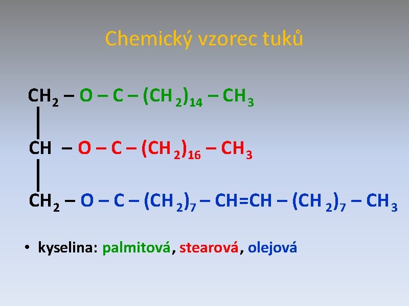 Chemický vzorec tuků CH 2 – O – C – (CH 2)14 – CH