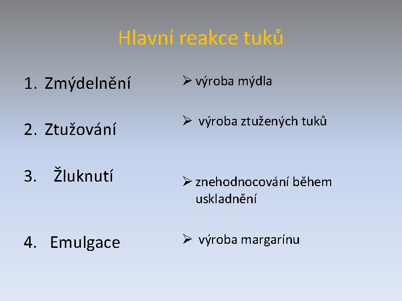 Hlavní reakce tuků 1. Zmýdelnění Ø výroba mýdla 2. Ztužování Ø výroba ztužených tuků