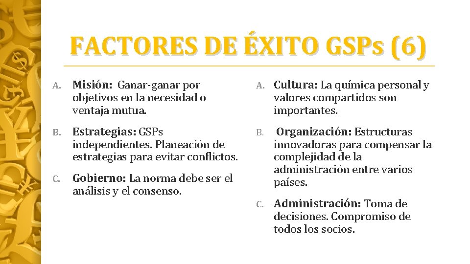 FACTORES DE ÉXITO GSPs (6) A. Misión: Ganar-ganar por objetivos en la necesidad o