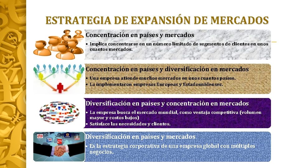 ESTRATEGIA DE EXPANSIÓN DE MERCADOS Concentración en países y mercados • Implica concentrarse en