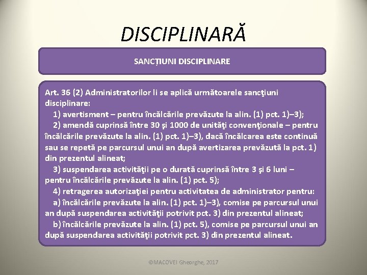 DISCIPLINARĂ SANCȚIUNI DISCIPLINARE Art. 36 (2) Administratorilor li se aplică următoarele sancţiuni disciplinare: 1)