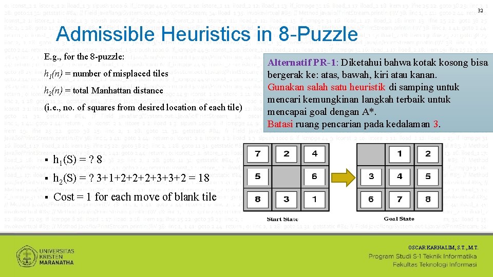 32 Admissible Heuristics in 8 -Puzzle E. g. , for the 8 -puzzle: h