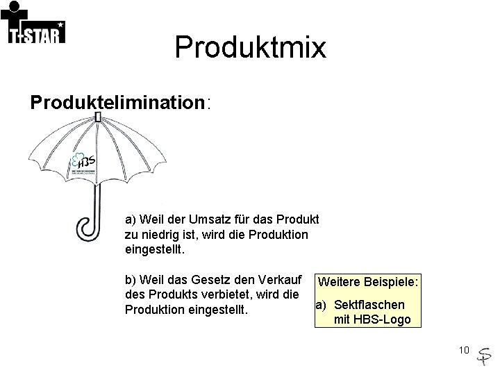 Produktmix Produktelimination: a) Weil der Umsatz für das Produkt zu niedrig ist, wird die
