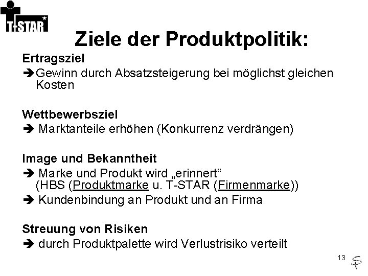 Ziele der Produktpolitik: Ertragsziel Gewinn durch Absatzsteigerung bei möglichst gleichen Kosten Wettbewerbsziel Marktanteile erhöhen