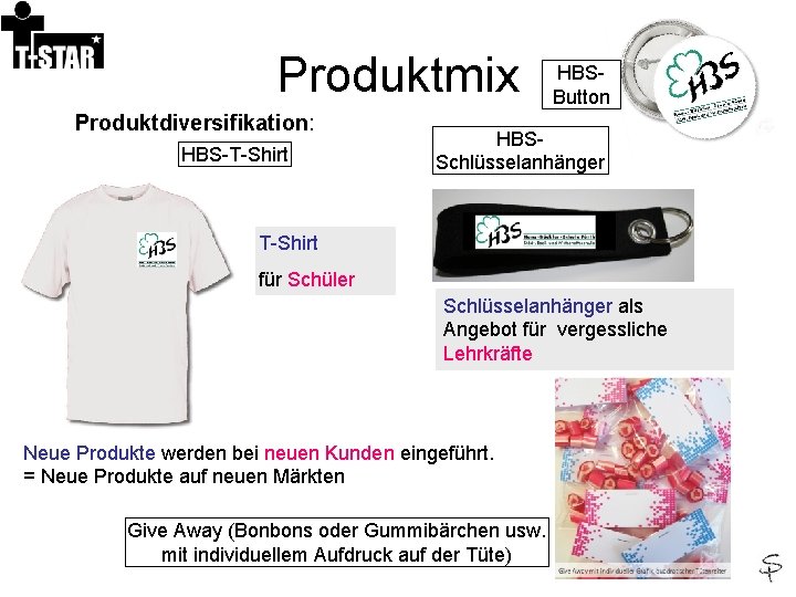 Produktmix Produktdiversifikation: HBS-T-Shirt HBSButton HBSSchlüsselanhänger T-Shirt für Schüler Schlüsselanhänger als Angebot für vergessliche Lehrkräfte