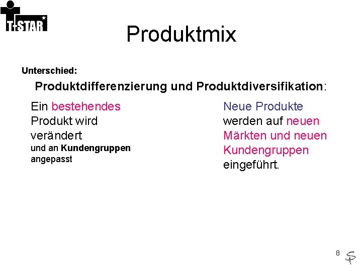 Produktmix Unterschied: Produktdifferenzierung und Produktdiversifikation: Ein bestehendes Produkt wird verändert und an Kundengruppen angepasst