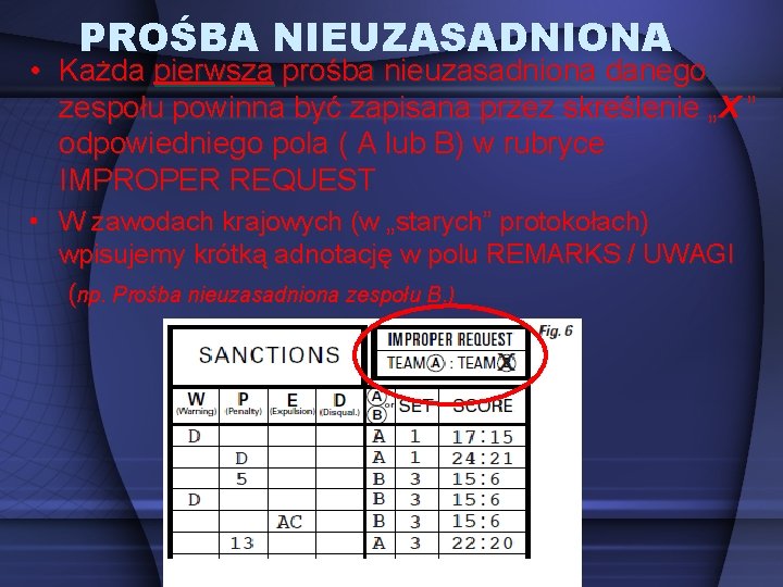 PROŚBA NIEUZASADNIONA • Każda pierwsza prośba nieuzasadniona danego zespołu powinna być zapisana przez skreślenie