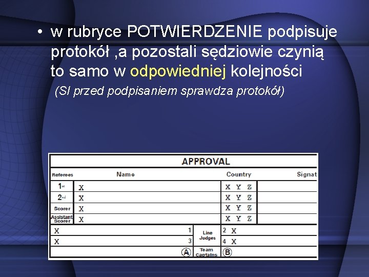  • w rubryce POTWIERDZENIE podpisuje protokół , a pozostali sędziowie czynią to samo