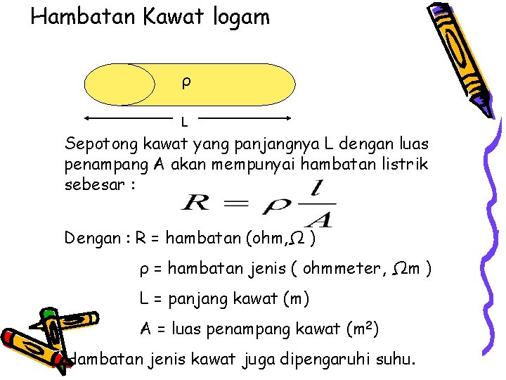 Hambatan Kawat logam ρ L Sepotong kawat yang panjangnya L dengan luas penampang A