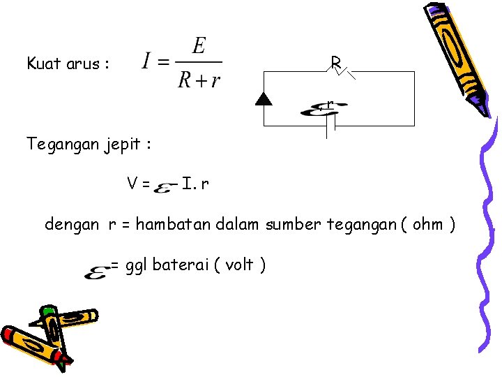 R Kuat arus : , r Tegangan jepit : V= – I. r dengan