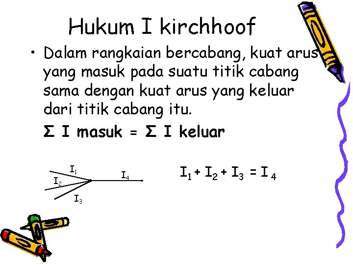 Hukum I kirchhoof • Dalam rangkaian bercabang, kuat arus yang masuk pada suatu titik