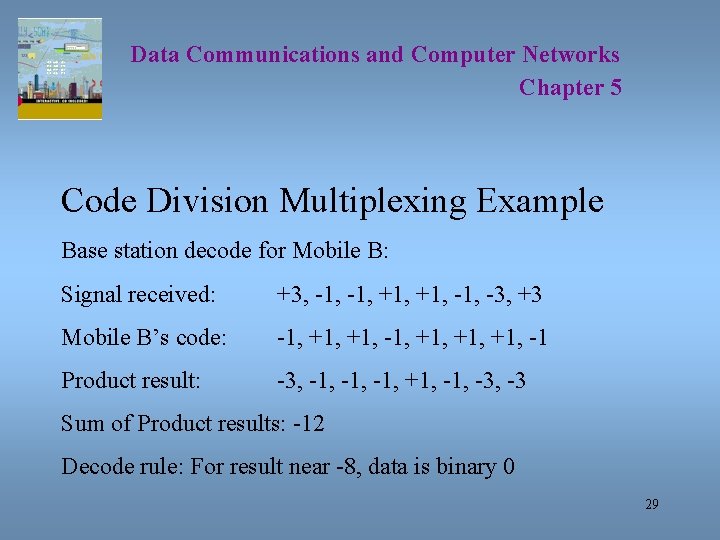 Data Communications and Computer Networks Chapter 5 Code Division Multiplexing Example Base station decode