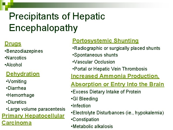 Precipitants of Hepatic Encephalopathy Drugs • Benzodiazepines • Narcotics • Alcohol Dehydration • Vomiting