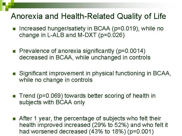 Anorexia and Health-Related Quality of Life n Increased hunger/satiety in BCAA (p=0. 019), while