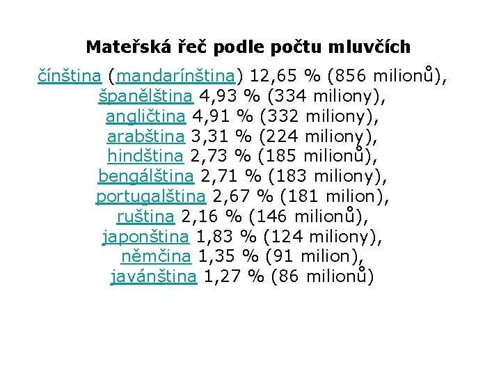 Mateřská řeč podle počtu mluvčích čínština (mandarínština) 12, 65 % (856 milionů), španělština 4,