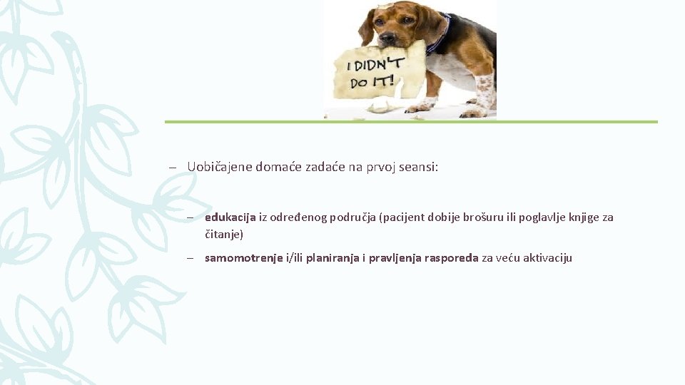 – Uobičajene domaće zadaće na prvoj seansi: – edukacija iz određenog područja (pacijent dobije