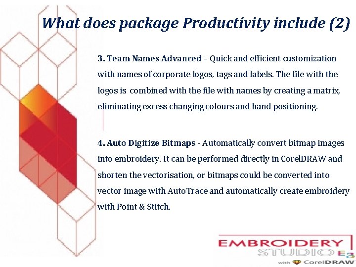 What does package Productivity include (2) 3. Team Names Advanced – Quick and efficient