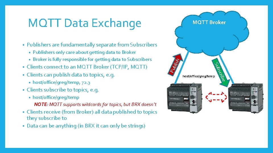 MQTT Data Exchange • MQTT Broker Publishers are fundamentally separate from Subscribers Publishers only