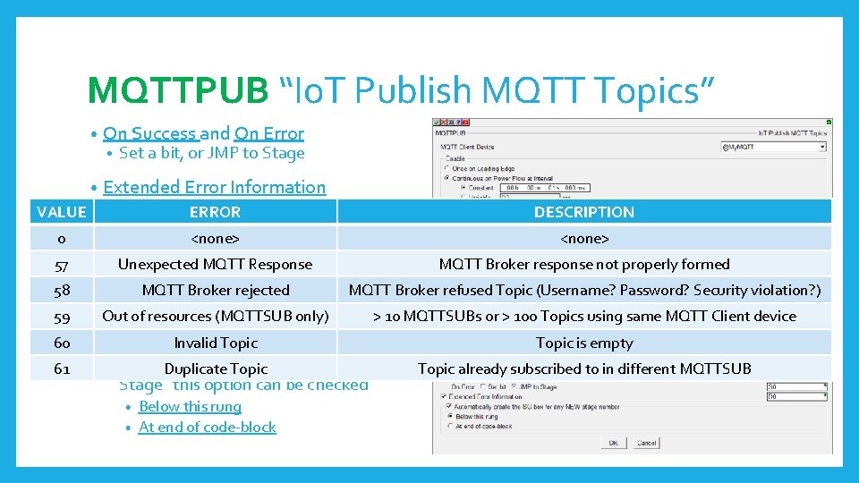 MQTTPUB “Io. T Publish MQTT Topics” • On Success and On Error • •