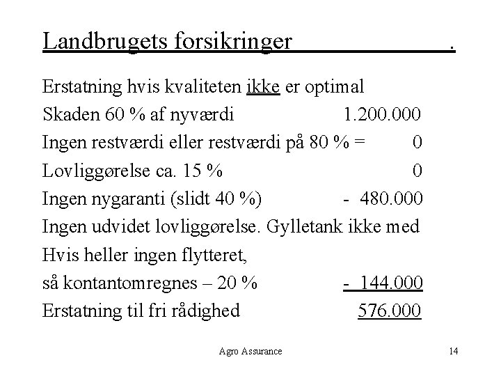 Landbrugets forsikringer . Erstatning hvis kvaliteten ikke er optimal Skaden 60 % af nyværdi
