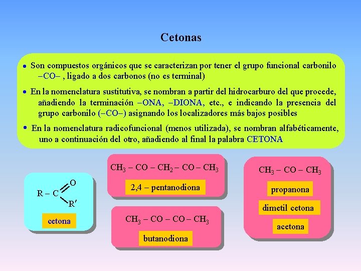 Cetonas Son compuestos orgánicos que se caracterizan por tener el grupo funcional carbonilo -CO-
