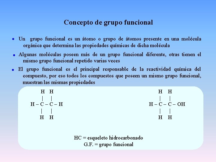 Concepto de grupo funcional Un grupo funcional es un átomo o grupo de átomos